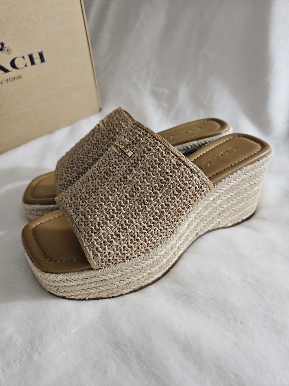 COACH Phobe Rafia Women's Natural Jute Woven Platform Slide Sandals 6.5B New - Picture 3 of 9